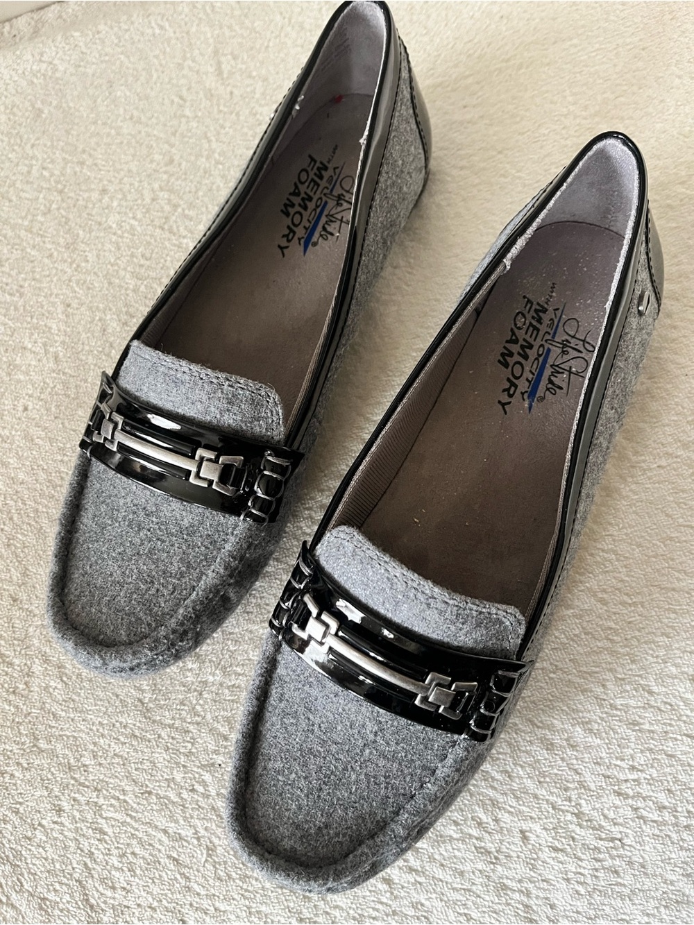 Vanity Grey Wool-Look Loafers with Black Patent Trim